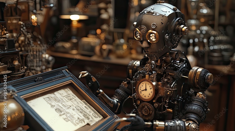 Poster a steampunk robot examining a drawing of itself