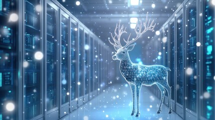silver reindeer in a data center, background banner for christmas with copy space for advertising transparent background