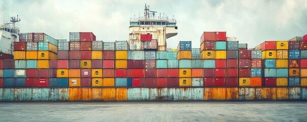 Container ships blocked by a large wall of tariffs and trade barriers, symbolizing economic restrictions