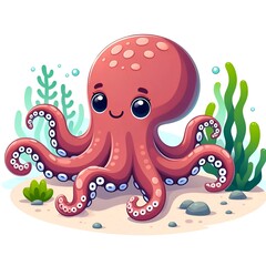 A cartoon illustration of a friendly pink octopus is depicted against a white background. The octopus has large, round eyes and a small, smiling mouth.  simple illustrations of seaweed and rocks,