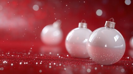 Some white transparent Christmas balls with glittering red background. For christmas card, christmas sale, christmas banner, christmas poster, or christmas sale promotion