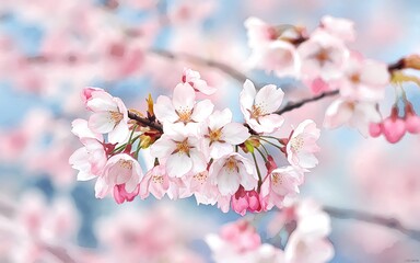 Delicate pink cherry blossoms in full bloom against a soft blue sky.