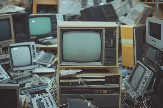a vintage television among a chaotic collection of abandoned computers and monitors