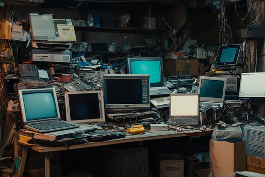 indoor setting of a messy workshop filled with deconstructed electronics, featuring old laptops, computer parts, and TV screens waiting to be recycled