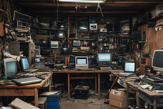 indoor setting of a messy workshop filled with deconstructed electronics, featuring old laptops, computer parts, and TV screens waiting to be recycled