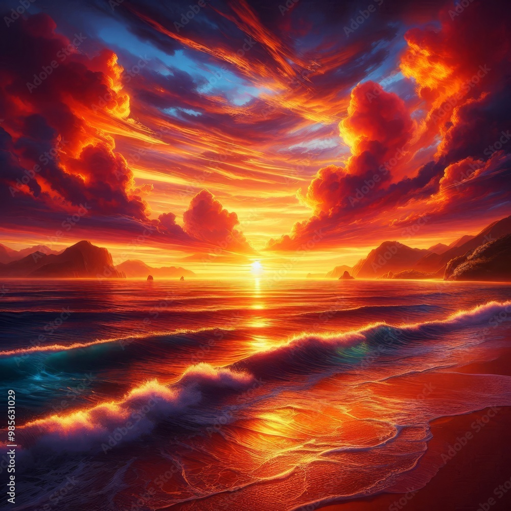 Poster a stunning sunset scene over a vast ocean, with fiery red and orange clouds reflecting on the water.