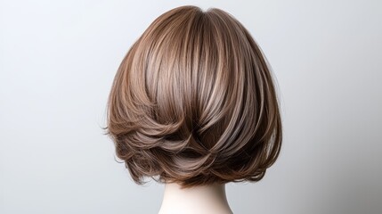 Naklejka premium Short layered brown wig displayed on a mannequin, showcasing side and back views, hair care and fashion accessory concept