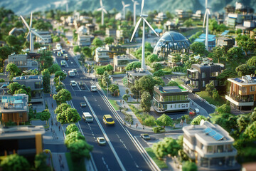 Naklejka premium aerial view of a vibrant city with numerous electric vehicles seamlessly navigating through the streets, while wind turbines and solar farms are visible in the outskirts