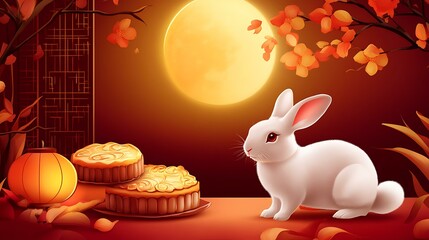 mid-autumn festival background with rabbit,mooncake,moon .vector for a4 vertical design
