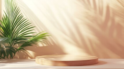 Obraz premium Premium podium, stand made of wood and glass on pastel, light background with natural plant, leaves - 3d render. Mock up for the exhibitions, presentation of products, therapy, relaxation and