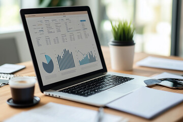  laptop on a desk with a detailed digital business plan displayed, featuring analytical data and strategic goals, surrounded by notepads, a coffee cup, and a smartphone, evoking a sense of productivit