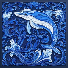 Fototapeta premium Dolphin rendered in a textured pattern, its sleek form layered with artistic ocean motifs and intricate details.