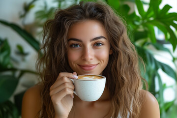 Close-up shot of a cheerful woman sipping from a modern coffee cup latte, lush green plants in the background, showcasing healthy skin and subtle makeup
