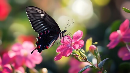 Fototapeta premium A great butterfly visiting a pink flower.