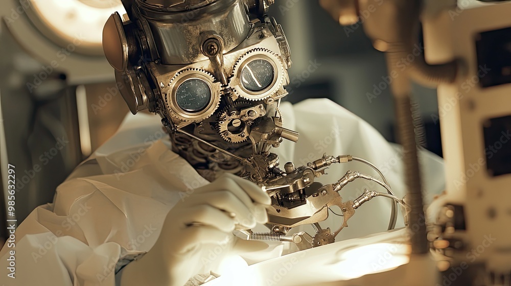 Poster a steampunk robot performing precision work with tools