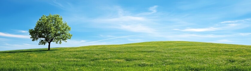 Green Meadow Landscape with Single Tree and Blue Sky