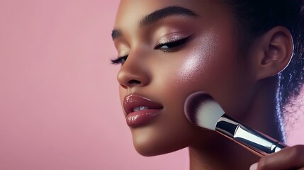 Detailed close-up of a young woman applying shimmering highlighter on her cheekbone with a makeup brush, highlighting her radiant and flawless skin. Ideal for beauty, makeup, and skincare promotions.