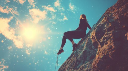 Obraz premium A woman in black clothing sits on a cliff edge with a blue sky and clouds behind her.