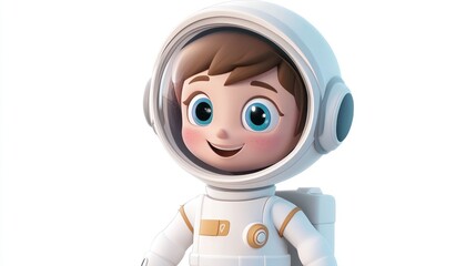 Fototapeta premium A smiling cartoon astronaut with blue eyes and rosy cheeks in a white spacesuit with a golden patch on his arm, on a white background.