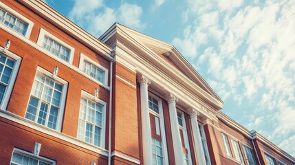 Fototapeta premium Classic Brick Building Facade with Columns and Windows Against Cloudy Sky