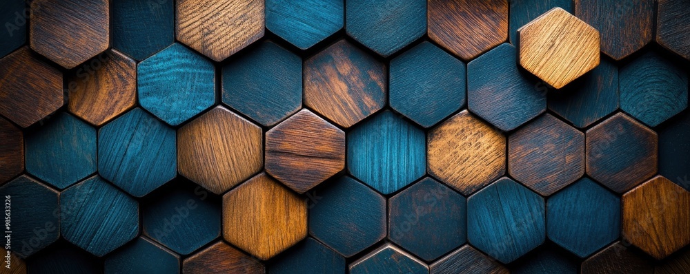 Poster abstract background with wooden hexagons in a geometric pattern showcasing rich textures and earthy 