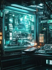Fototapeta premium A visual depiction of an advanced digital interface system within a futuristic shop environment