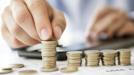 Hand Placing Coin on Stack of Coins   Financial Growth Concept