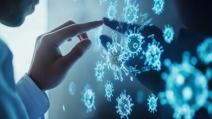 Digital Virus Analysis Scientist Exploring 3D Model of Coronavirus