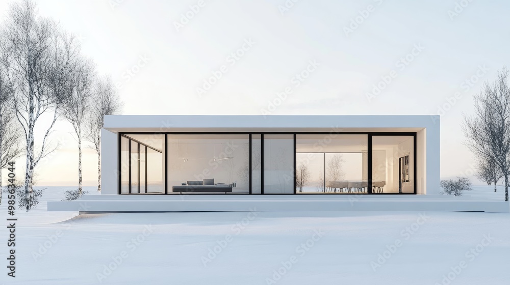 Poster a sleek minimalist house with large glass windows and clean lines surrounded by a pristine white bac