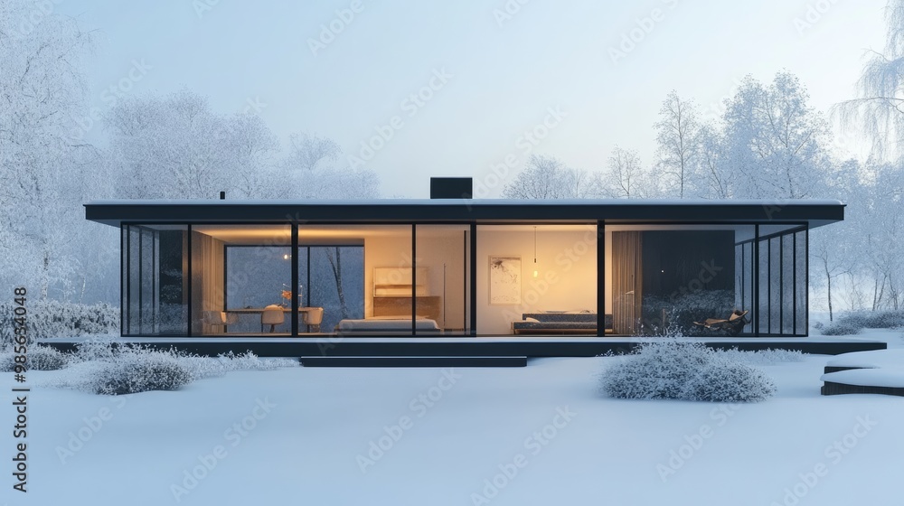 Poster a sleek minimalist house with large glass windows and clean lines surrounded by a pristine white bac