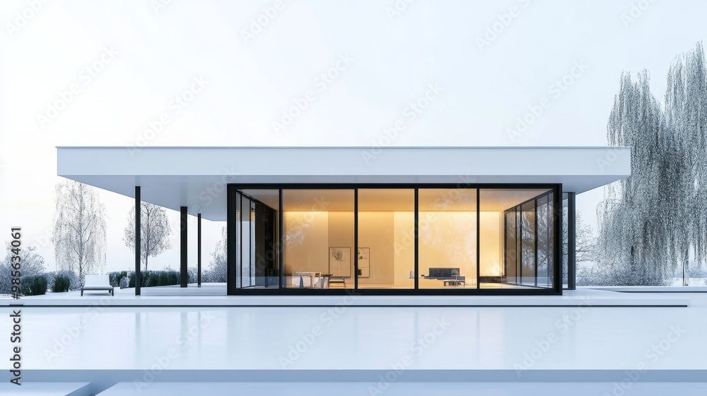 Poster a sleek minimalist house with large glass windows and clean lines surrounded by a pristine white bac
