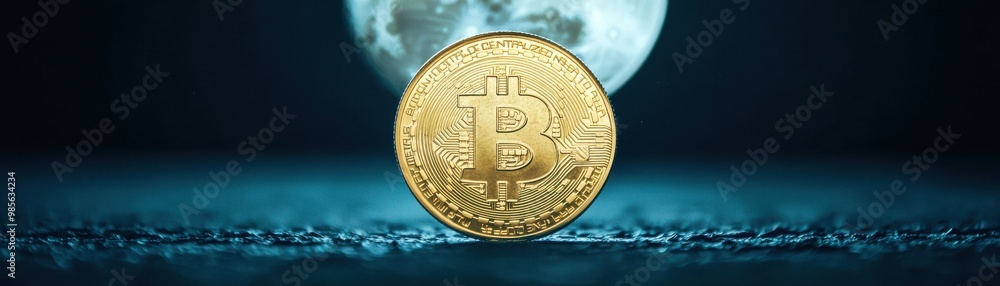 Poster gold bitcoin on a textured surface with a moonlit background, symbolizing cryptocurrency and financi
