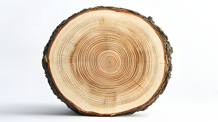 Isolated cross-section of an old, brown tree trunk, revealing its annual rings and natural texture