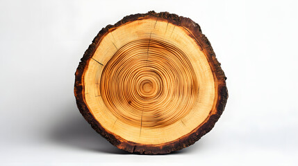Isolated cross-section of an old, brown tree trunk, revealing its annual rings and natural texture
