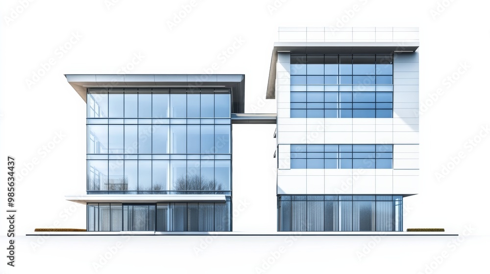 Poster Building with modern architectural design featuring sleek glass panels and minimalist lines isolated on a white background showing the front and side view