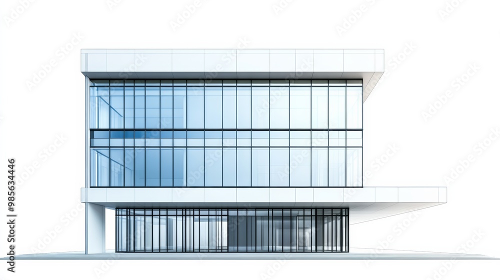 Aufkleber Building with modern architectural design featuring sleek glass panels and minimalist lines isolated on a white background showing the front and side view