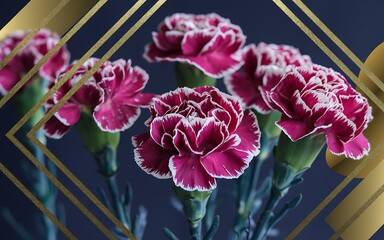 Close-up of pink and white carnations with gold geometric frame on a blue background.