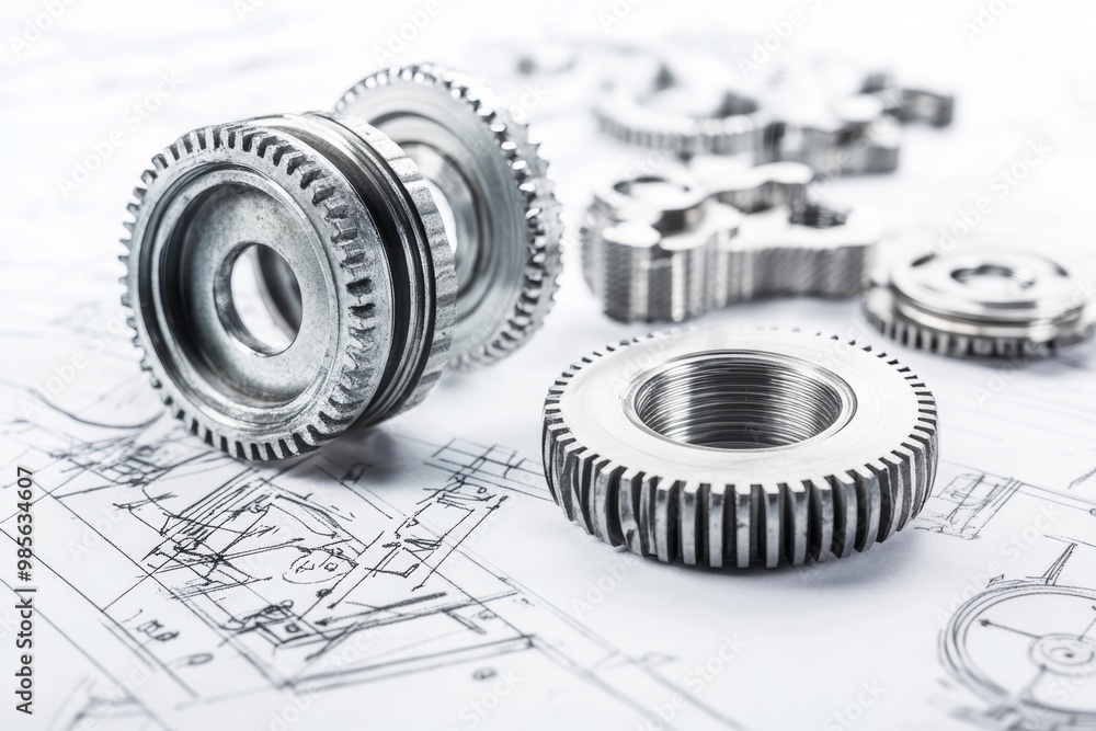 Poster Close-up of mechanical gears and bearings with technical drawings in the background isolated on white