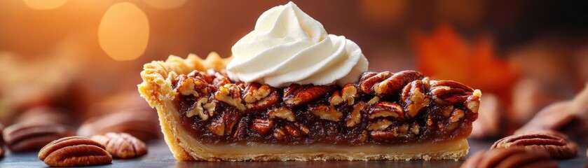 Close-up of a delicious pecan pie slice topped with whipped cream, photographed in warm, cozy autumn lighting.