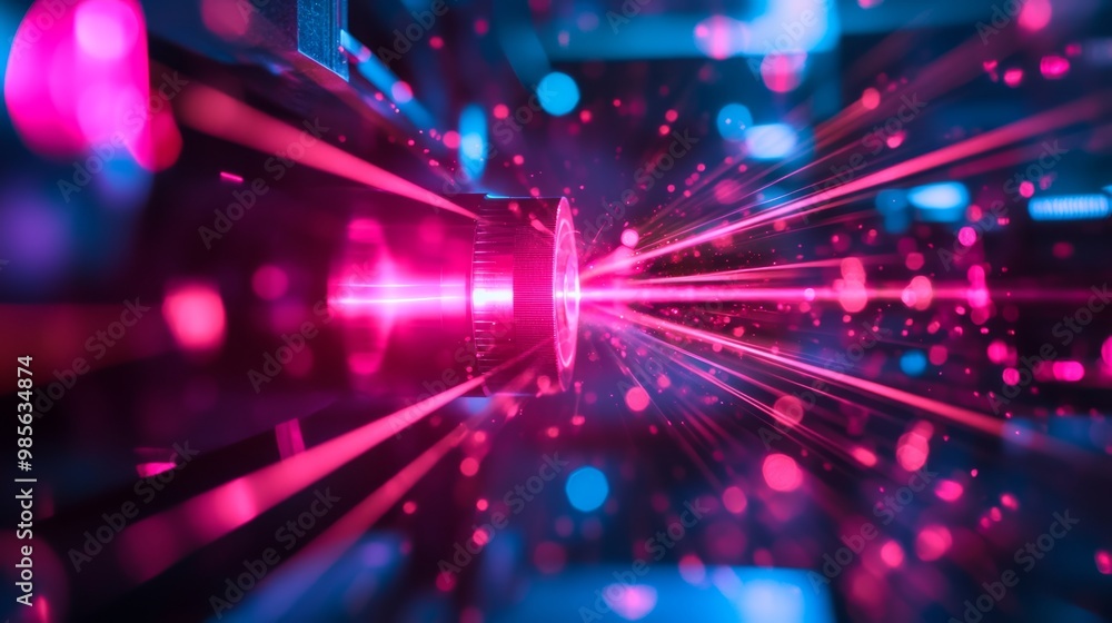 Poster abstract laser beam background with bokeh lights.