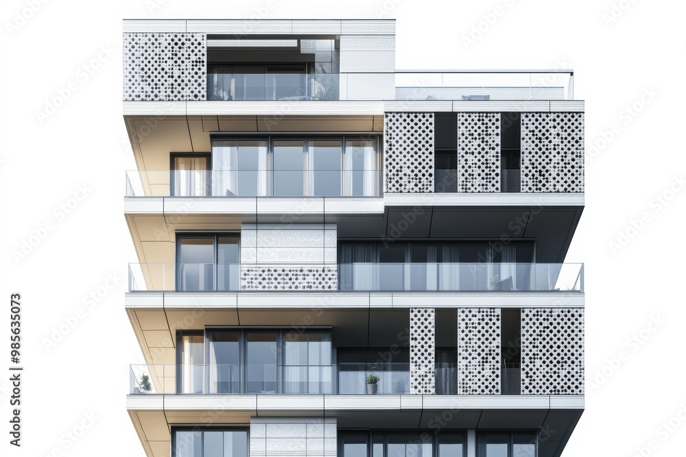 Poster contemporary urban apartment building with balconies and geometric patterns, isolated on white backg