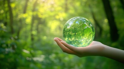 Hand holding a glass orb reflecting a green forest.