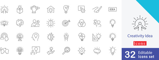 Creativity Idea line  Icon design  Set. containing knowledge, success, target, bright, lightbulb , planning, thinking, brainstorm and more icons set
