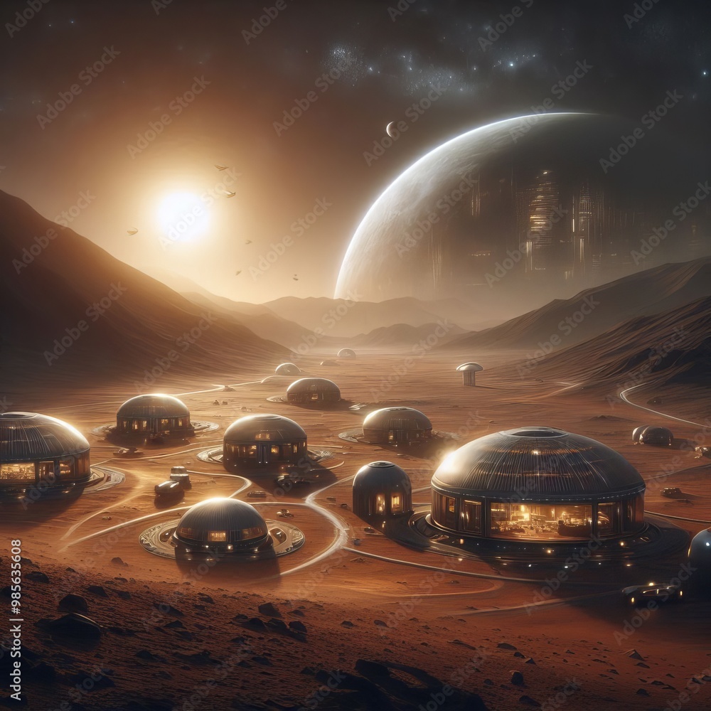 Poster a colony of transparent domes spread across a desert landscape on an alien planet, basking in the wa