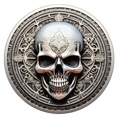 Fototapeta premium Scary Skull on a Crisp White Background with Horror Elements, Perfect for Frightening Card Designs or scary Themed Art