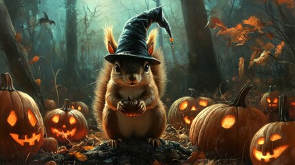 Cute Squirrel with Jack-o'-Lanterns in the Woods.