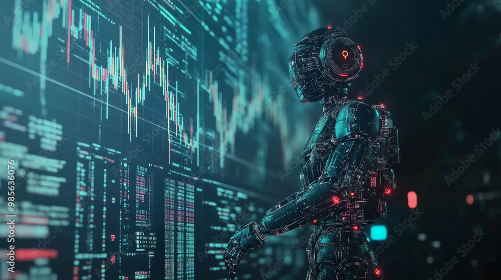 Aufkleber ai robot analyzing data on stock market screen.