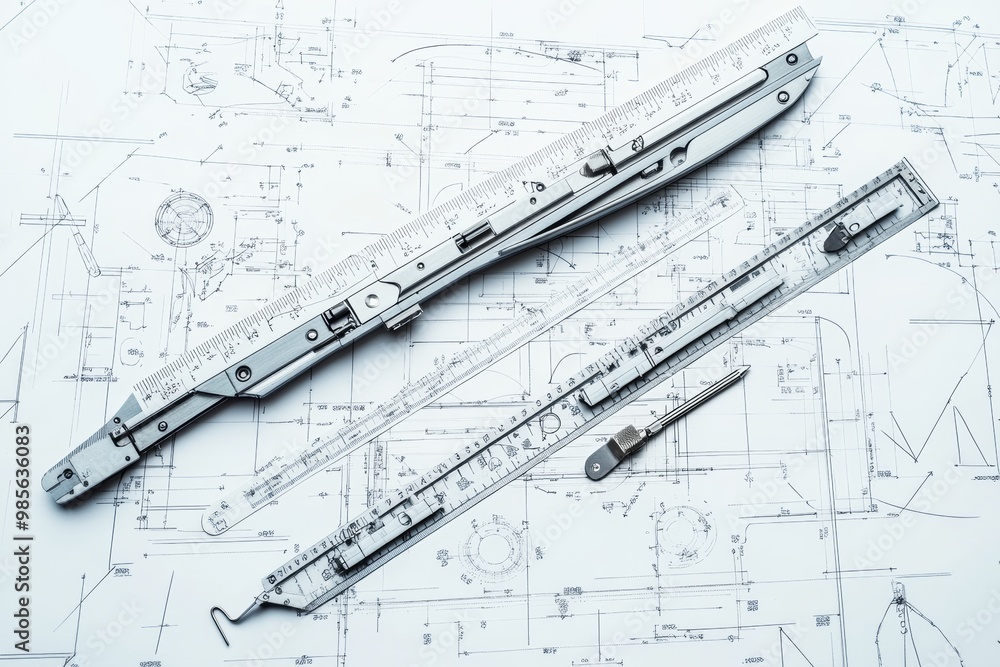 Poster Engineering blueprint with precision tools including calipers and rulers neatly arranged on a white background