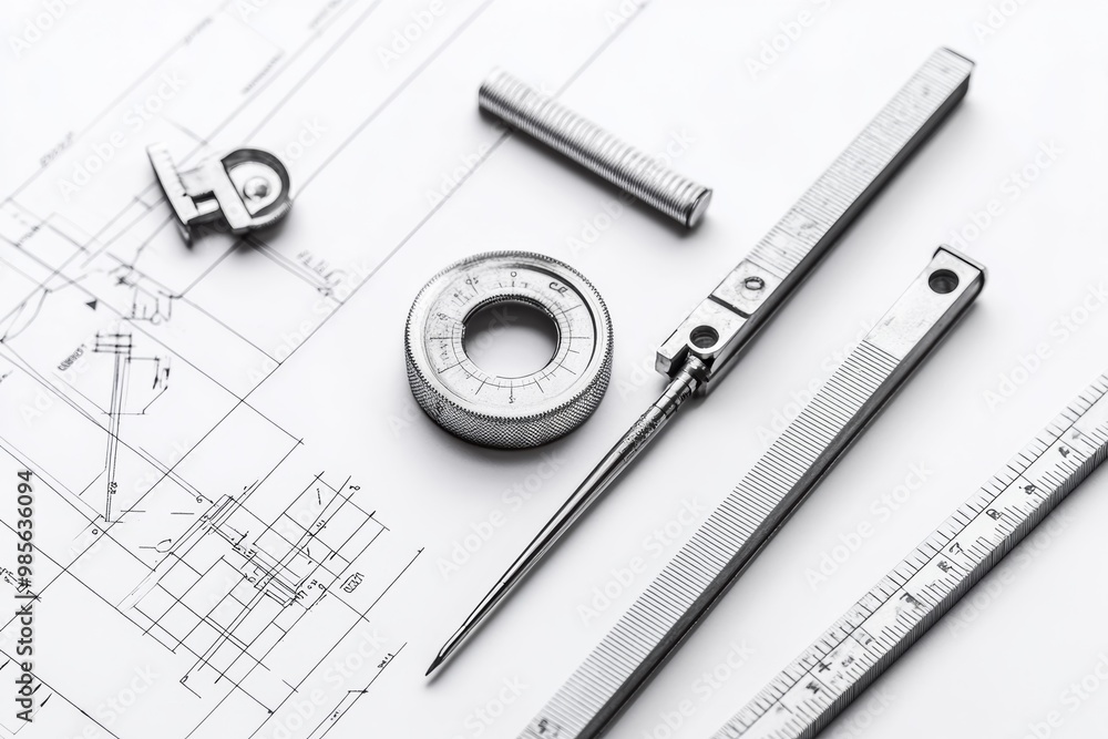 Aufkleber Engineering blueprint with precision tools including calipers and rulers neatly arranged on a white background