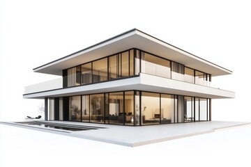 Elegant contemporary villa with a flat roof and floor-to-ceiling glass walls, isolated on a white background